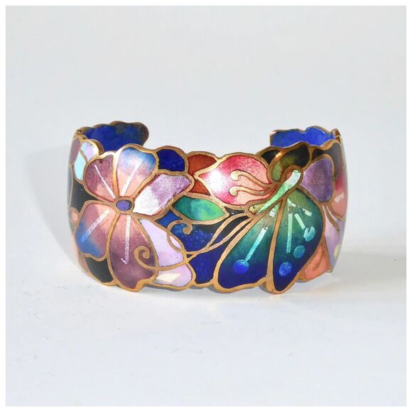 David Kuo Vintage Signed Multicolor Floral Enamel Cuff Bracelet - Picture 1 of 9